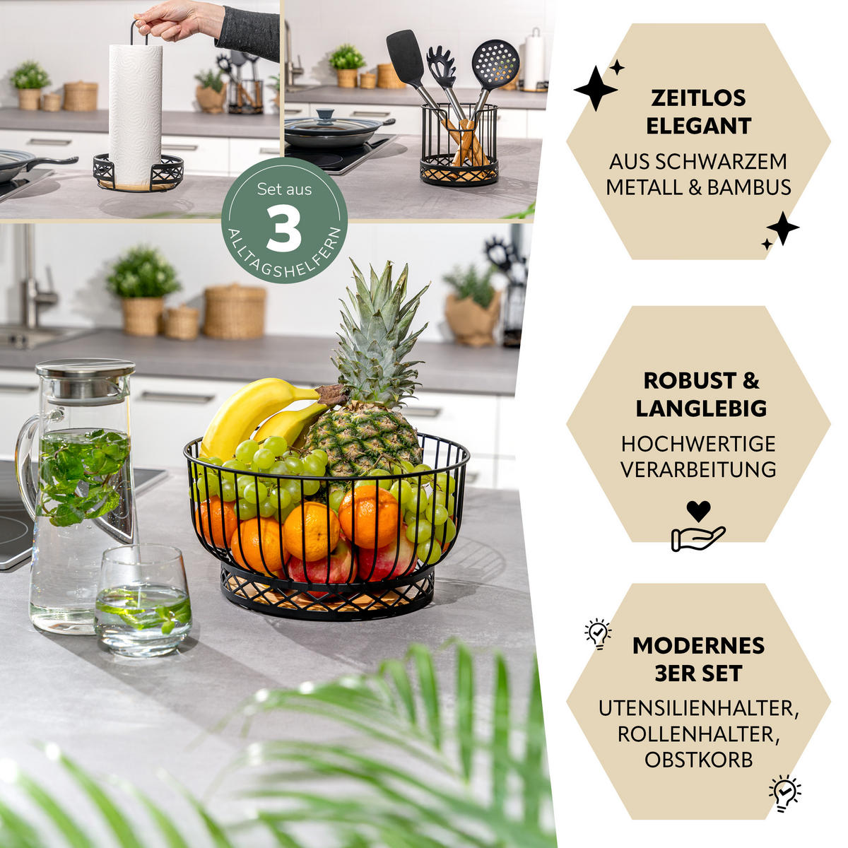 KÜCHENUTENSILIEN 3er Set, Metall, Bambus, schwarz - Schwarz, Metall (28.5/15/28.5cm) - bremermann