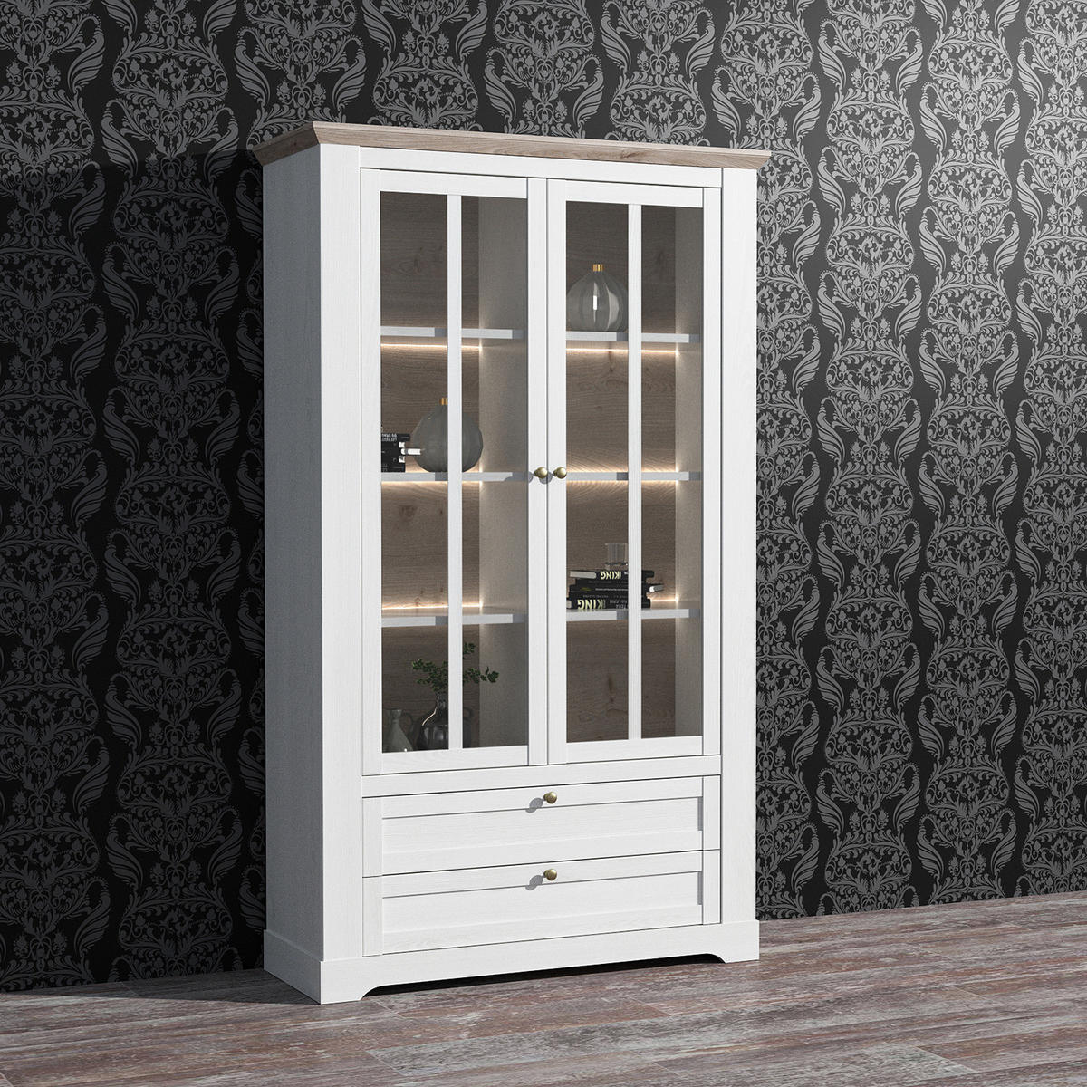 VITRINENSCHRANK - inkl. Beleuchtung - Eiche Weiß Dekor / Eiche Nelson Dekor - Silberfarben/Weiß, Holzwerkstoff/Kunststoff (125/210/44cm) - home24