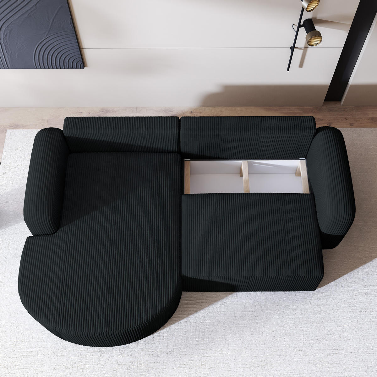 ECKSOFA AMILIA P L-S Schwarz Kordstoff mit Schlaffunktion - Schwarz, Holz (263/174cm) - MASSENO