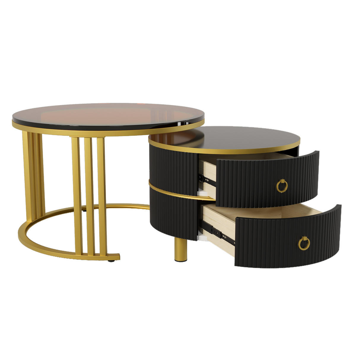 KONFERENČNÍ stolek 70/70/45 cm černý z MDF a skla se 2 zásuvkami - černá, kompozitní dřevo (70/70/45cm) - OKWISH