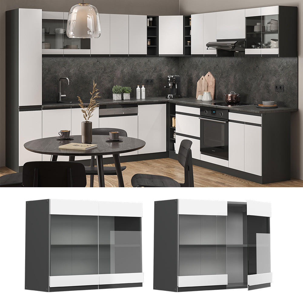 KÜCHENGLASSCHRANK R-Line Weiß 80 cm J-Shape - Anthrazit/Weiß, Holzwerkstoff (80/60/31cm) - Vicco
