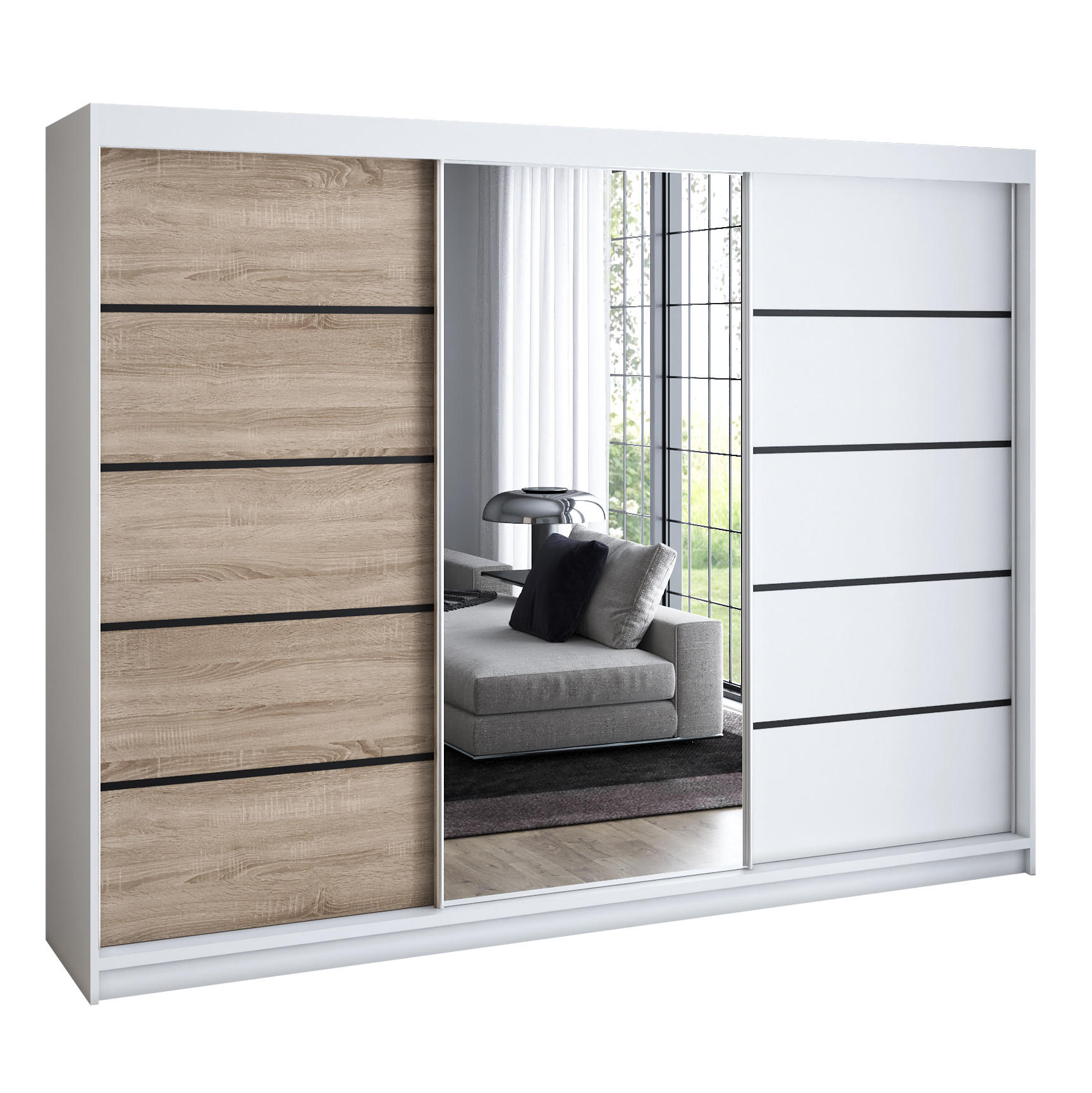 A&J MöbelLand Schwebetürenschrank Weiß, Braun, Weiß 200x215x59.5 cm