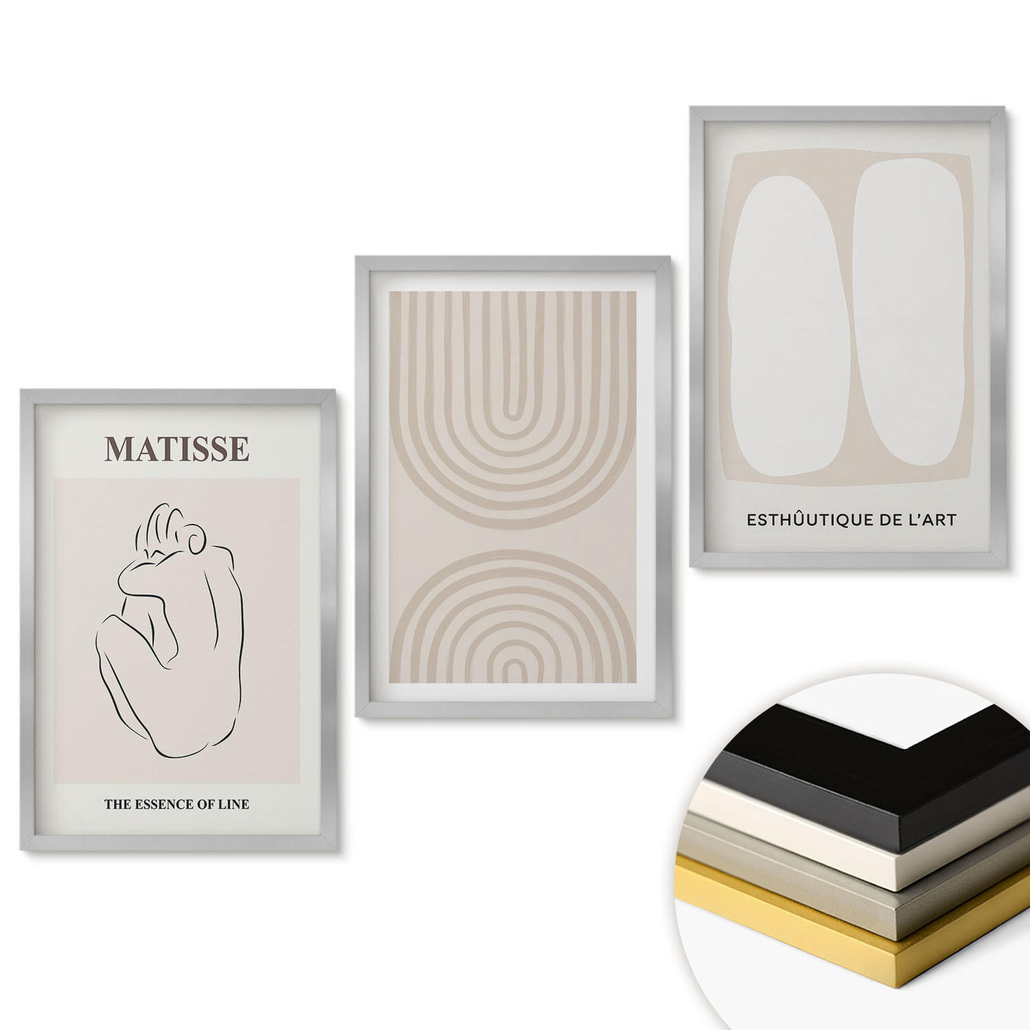WANDBILDER 3er Set - 40x60 cm Silberner Rahmen - Stilvolle minimalistische Linien - Silberfarben, Kunststoff (40/60cm) - ArtPrintCave