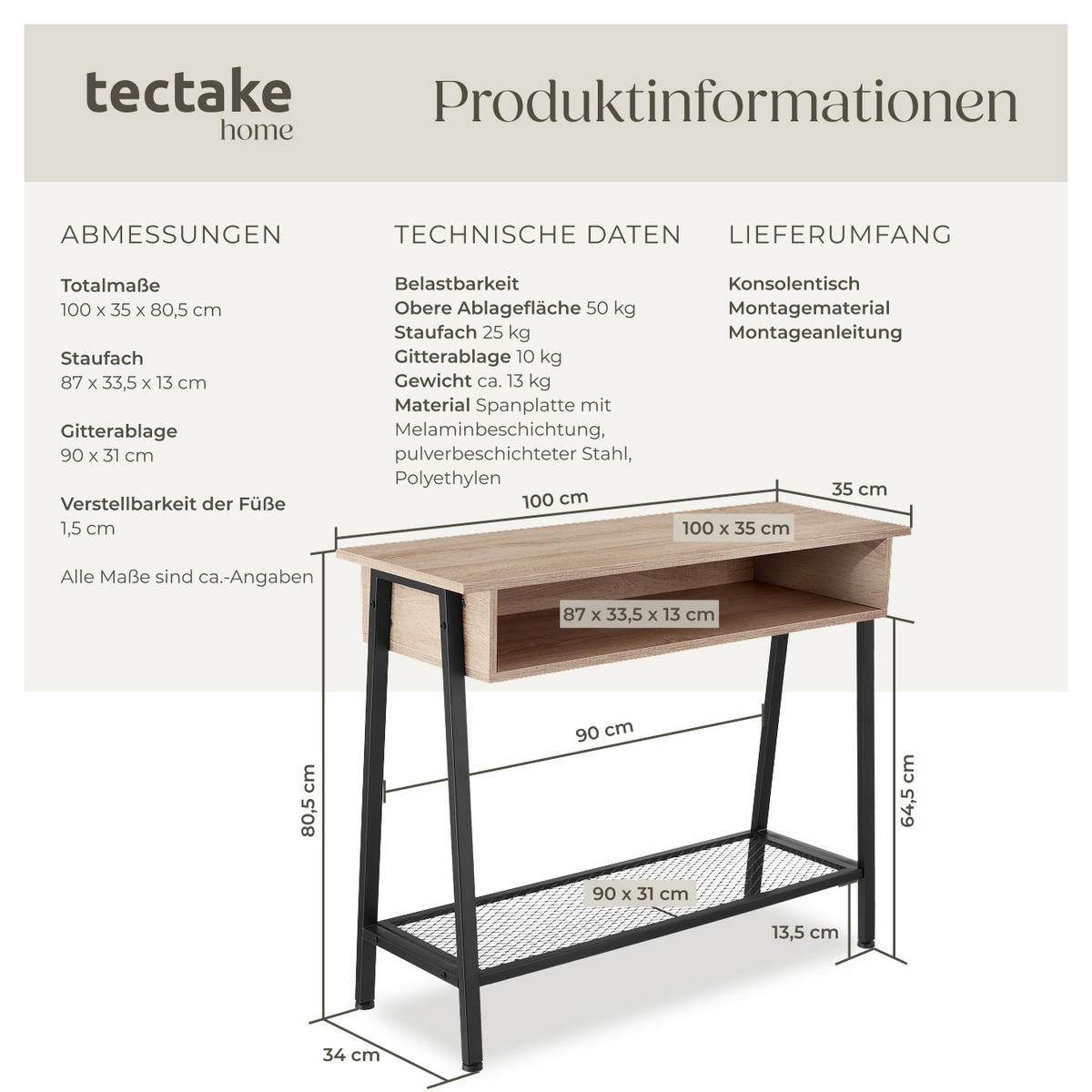 KONSOLENTISCH Tralee,100 x 35 x 80,5 cm,Industrial Holz hell, Eiche Sonoma - Naturfarben, Holzwerkstoff (100/35/80.5cm) - tectake