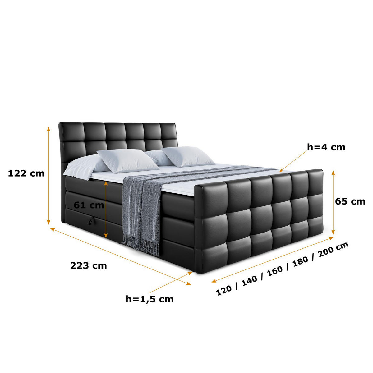 BOXSPRINGBETT APO-Z KING - 140 x 200 - H3/H4 - Schwarz Hochglanz - Schwarz, Holzwerkstoff (140/200cm) - ALTDECOR