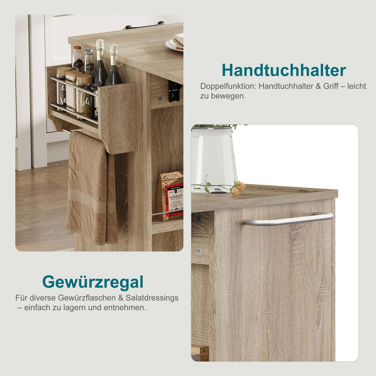 KÜCHENWAGEN mit klappbarer Arbeitsplatte 120 cm Natural - Naturfarben, Holz (67.5/92.8/136.5cm) - Beauniv
