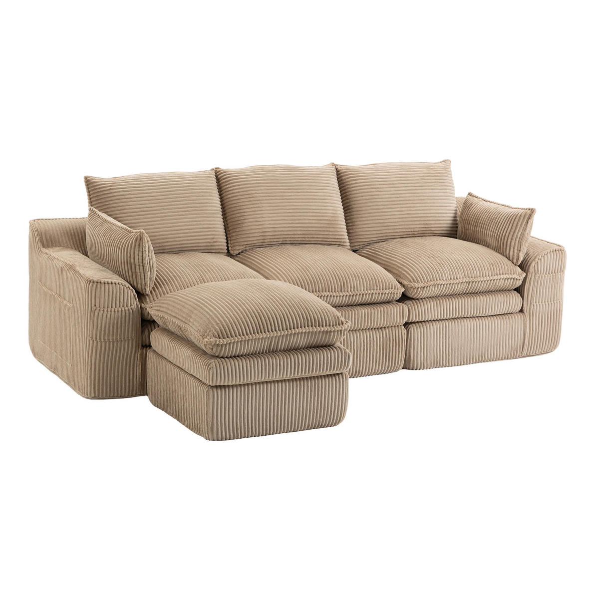 3-STIZER Sofa 263/167/85 cm mit Hocker, Cordbezug, Seitentaschen und Federkern, Khaki - Beige, Textil (263/85/167cm) - Redom