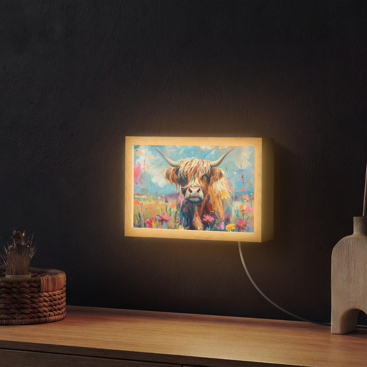 NÁSTĚNNÁ LAMPA Skotský horal - Příroda - Barevné - Květiny 30x20 cm - různobarevná, kompozitní dřevo (30/20/8cm) - OnlyWow