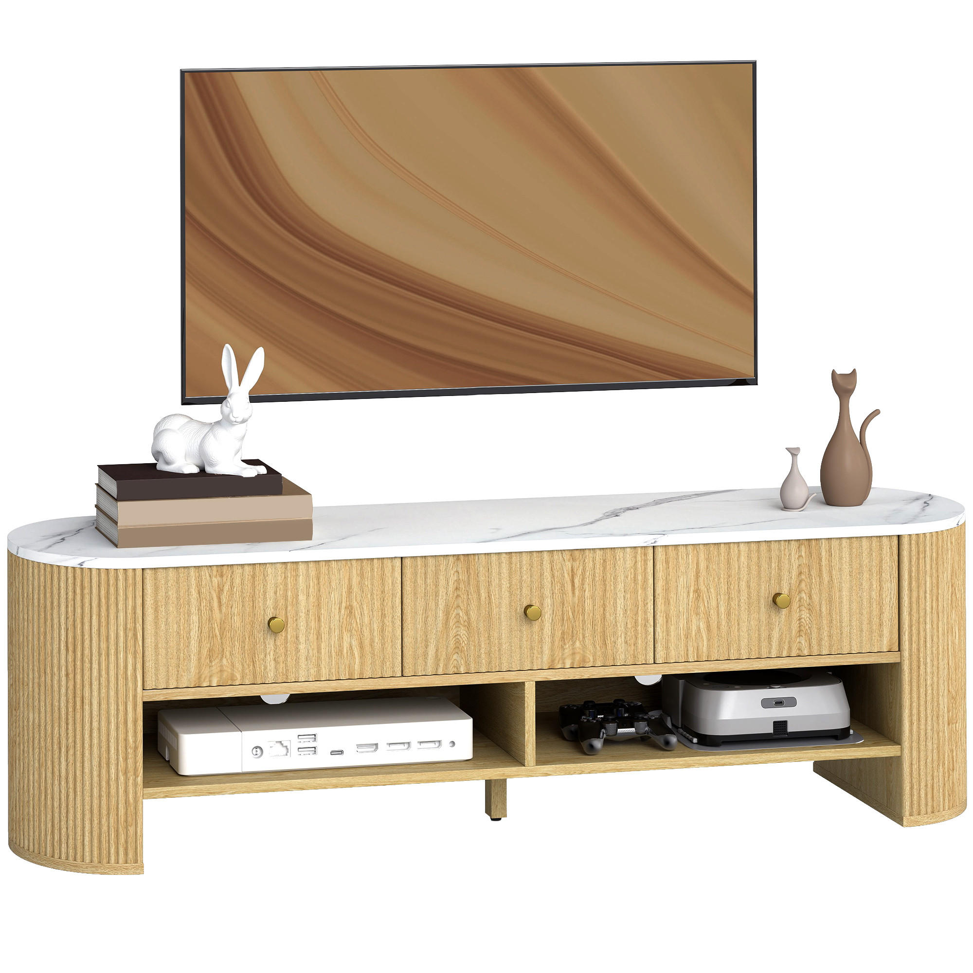 LOWBOARD Weiß/Natur 140/40/43 cm, Marmor-Optik, 3 Schubladen, Kabelmanagement - Naturfarben, Holzwerkstoff (140/43/40cm) - PANGIVO