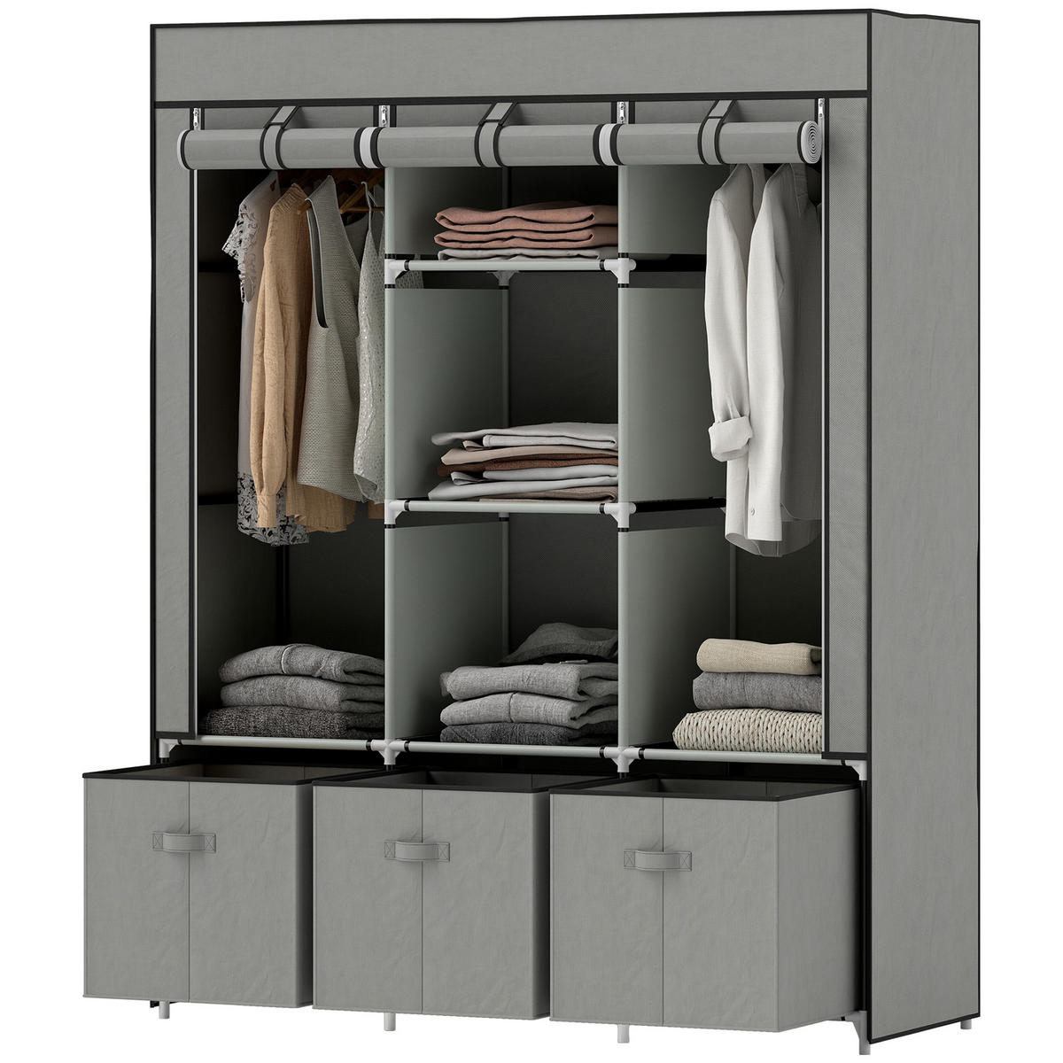 HOMCOM Stoffschrank aus Vlies, Faltschrank, inkl. 3 Schubladen, 125 cm x 43 cm x 162,5 cm, Hellgrau - Hellgrau, Metall (125/162.5/43cm)
