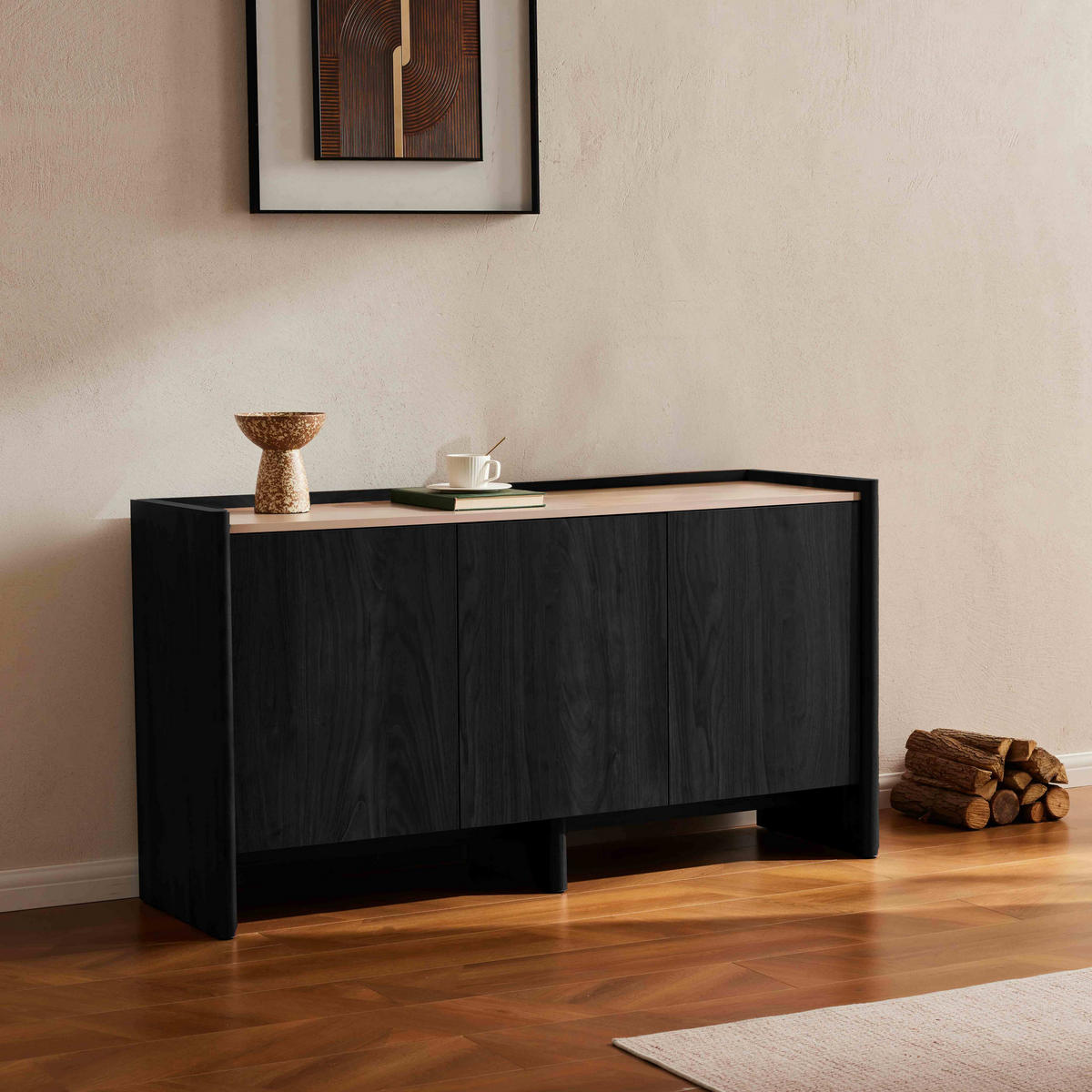 SIDEBOARD 140 cm, schwarzes Holz - Schwarz, Holz (40/75/140cm) - Oviala