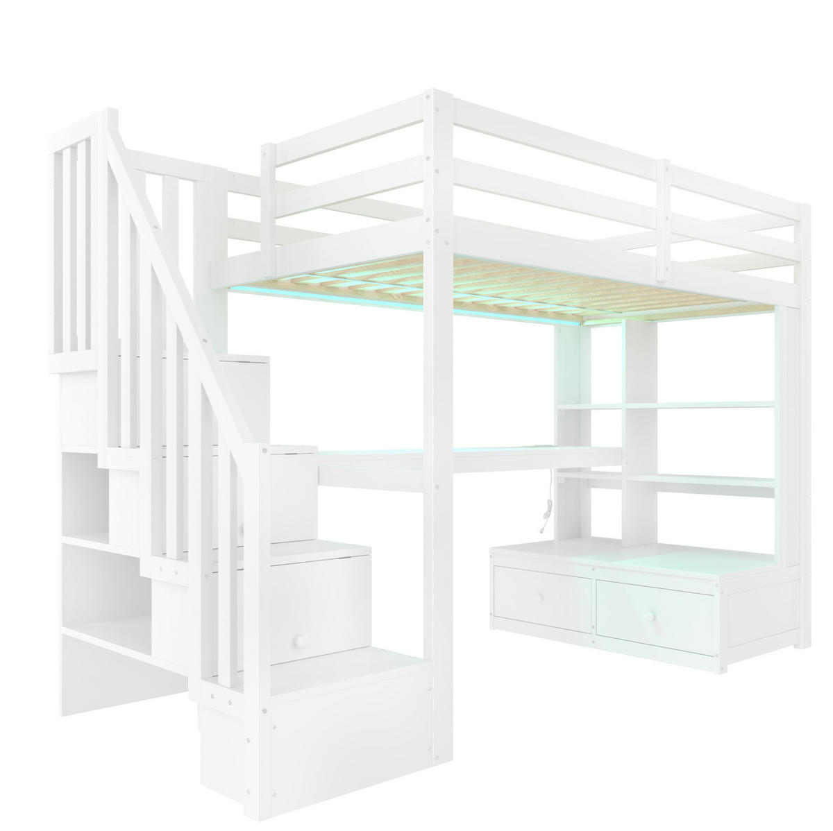 HOCHBETT aus Kiefer und MDF 90x200 cm Weiß mit Schreibtisch, Regalen, 2 Schubladen, Stauraumtreppe und LED-Beleuchtung - Weiß, Holzwerkstoff (90/200cm) - Modfu