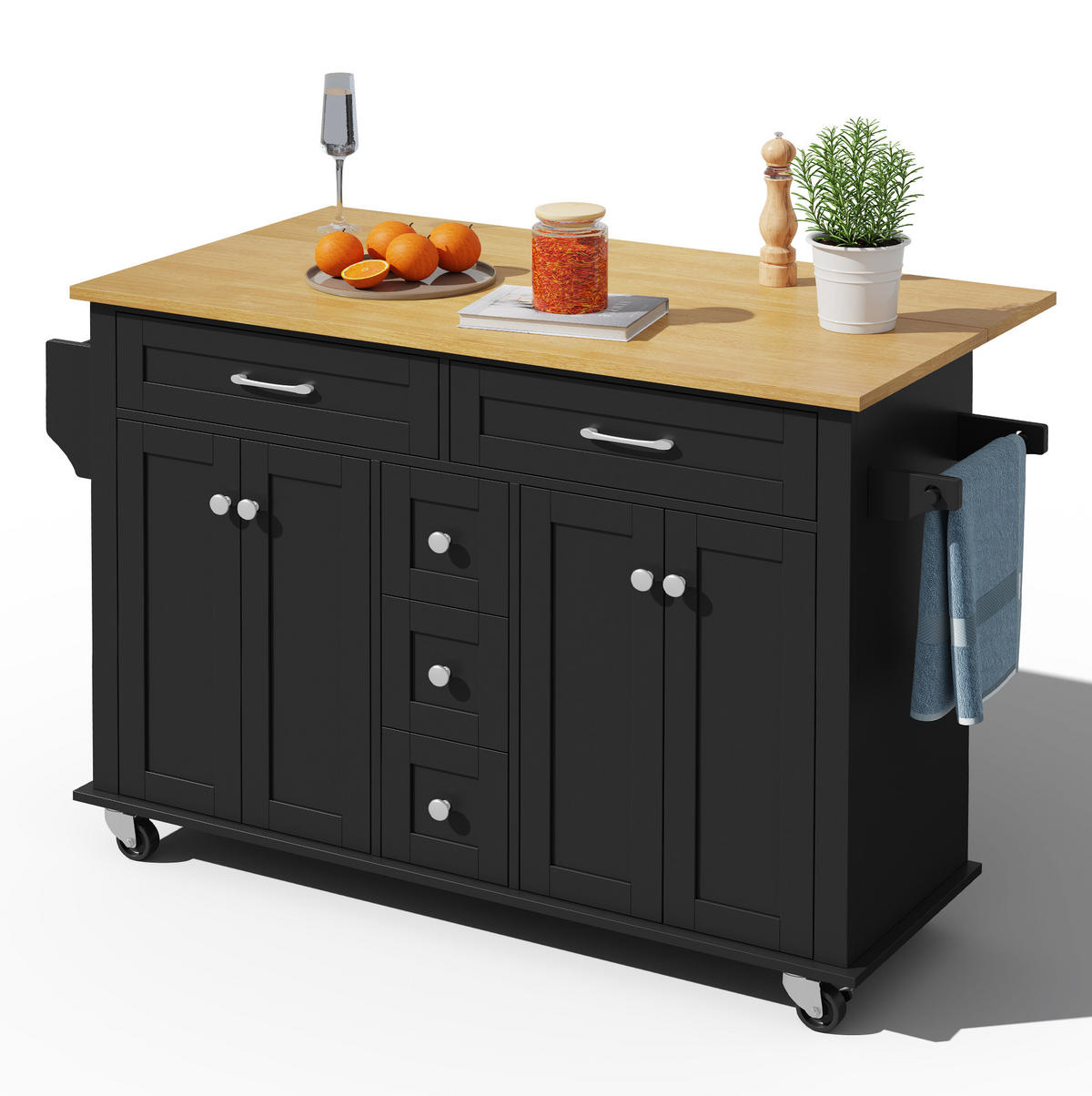 KÜCHENINSEL 140/40(65)/89 cm aus MDF mit klappbarer Arbeitsplatte, 5 Schubladen und Rollen, Schwarz/Natur - Schwarz, Holzwerkstoff (140/89/65cm) - Redom