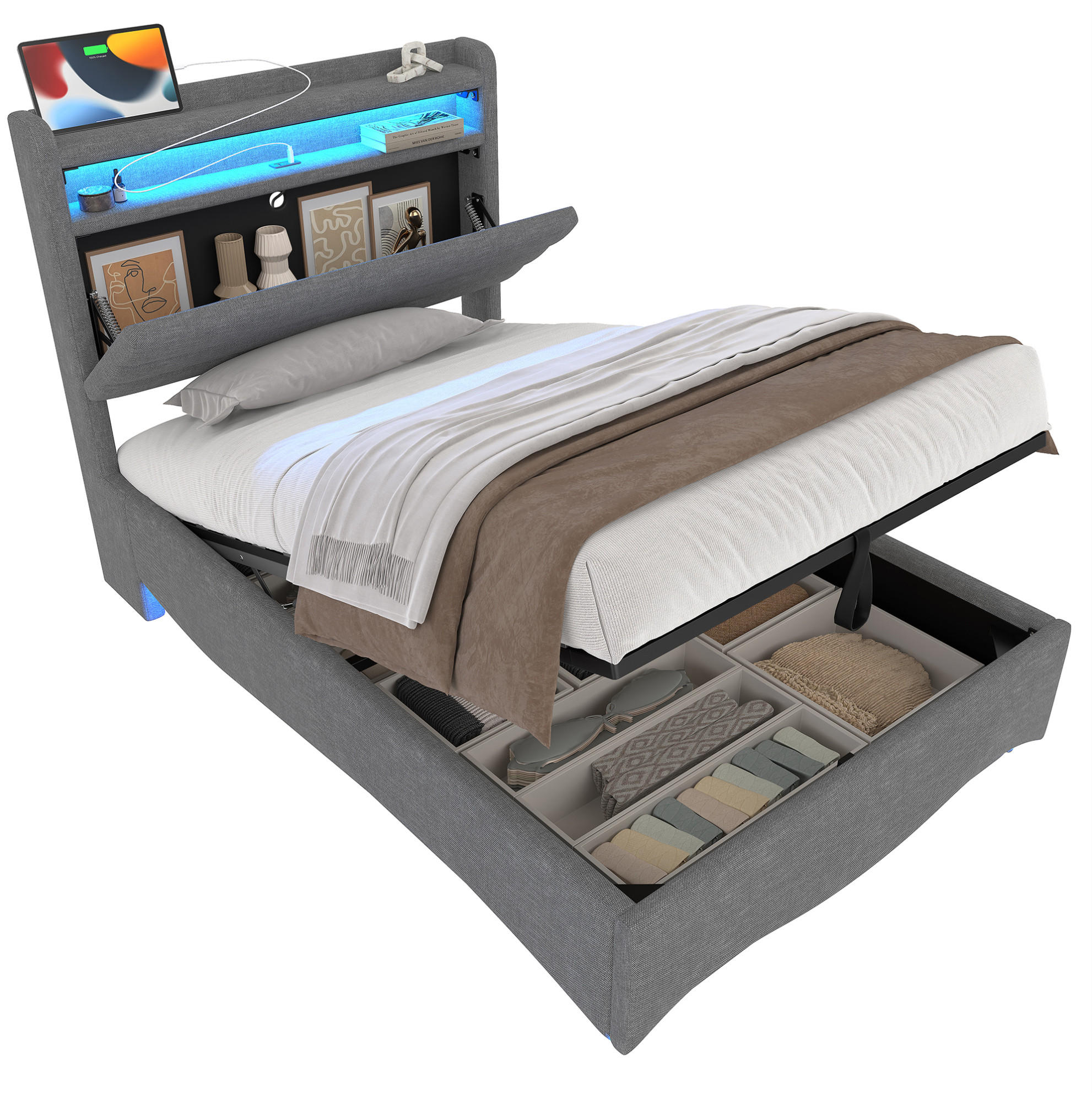 POLSTERBETT 90/200 cm aus Leinenstoff mit LED-Beleuchtung, USB- und Typ-C-Anschluss, hydraulischem Stauraum, Grau - Grau, Textil (90/200cm) - Redom