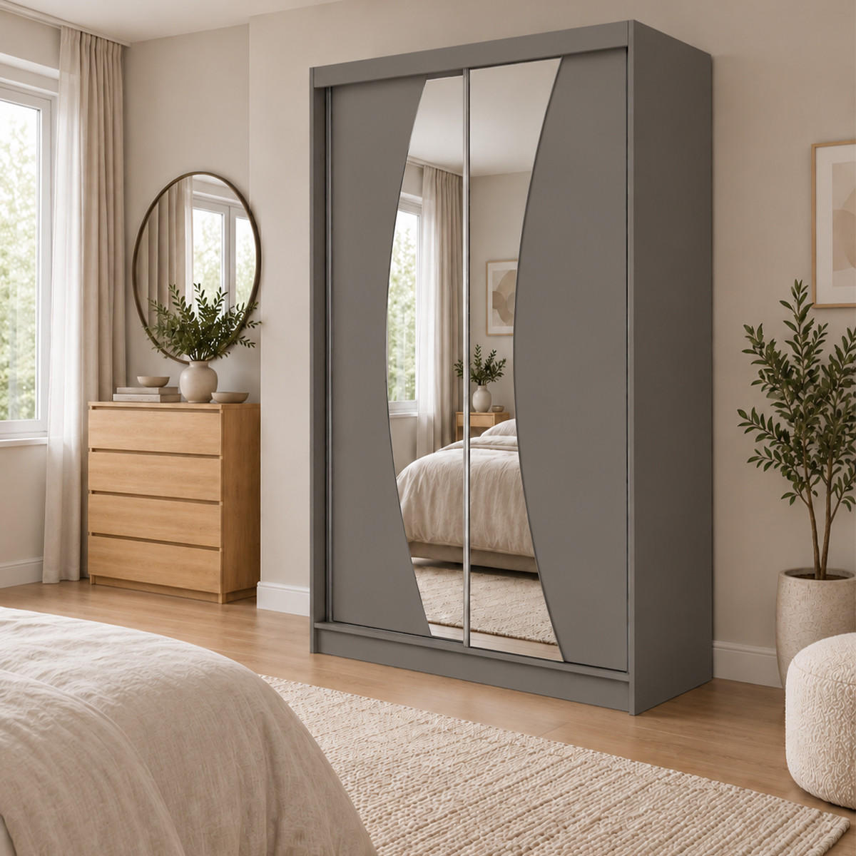 KLEIDERSCHRANK Nox 120 cm Graphit Spiegel 2 Schubladen Griffe silber - Graphitfarben, Holzwerkstoff (120/216/61cm) - KS Home Concept
