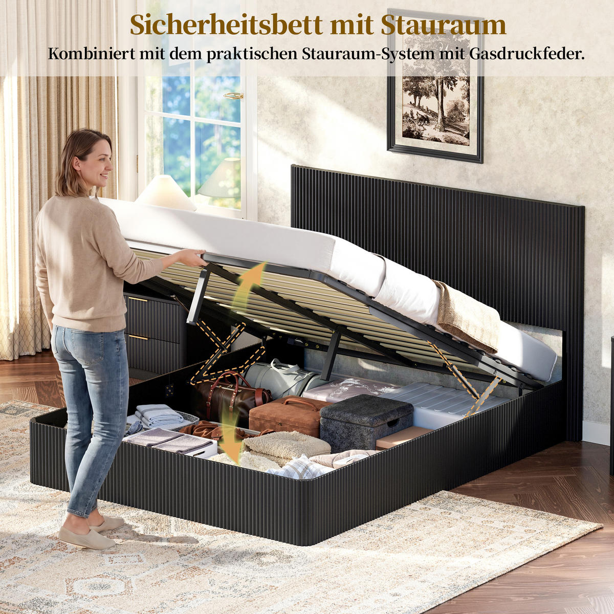 BETT 160/200 cm in Schwarz mit Stauraum, Lift-System und Rillenoptik - Schwarz, Holzwerkstoff/Metall (160/200cm) - WISHDOR