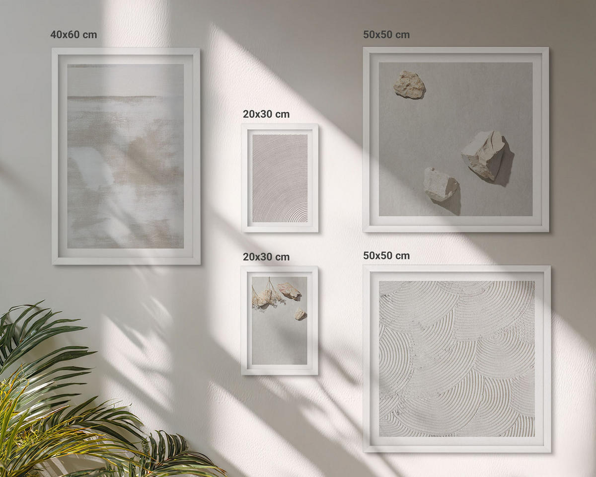WANDBILDER 5er-Set - 50x50 cm & 20x30 cm & 40x60 cm Weißer Rahmen - Boho-Textur aus Sandsteinen - Weiß, Kunststoff (40/60cm) - ArtPrintCave