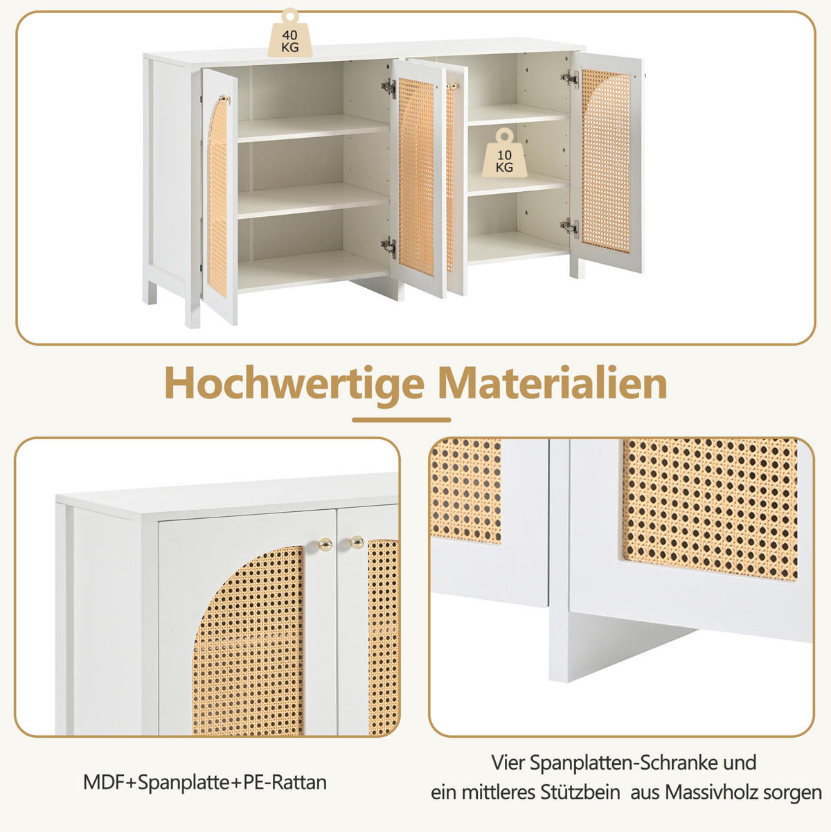SIDEBOARD mit 4 Kunst-Rattantüren, verstellbarem Regalboden und Metallgriffen, Weiß - Weiß, Holzwerkstoff (145/40/80cm) - Redom