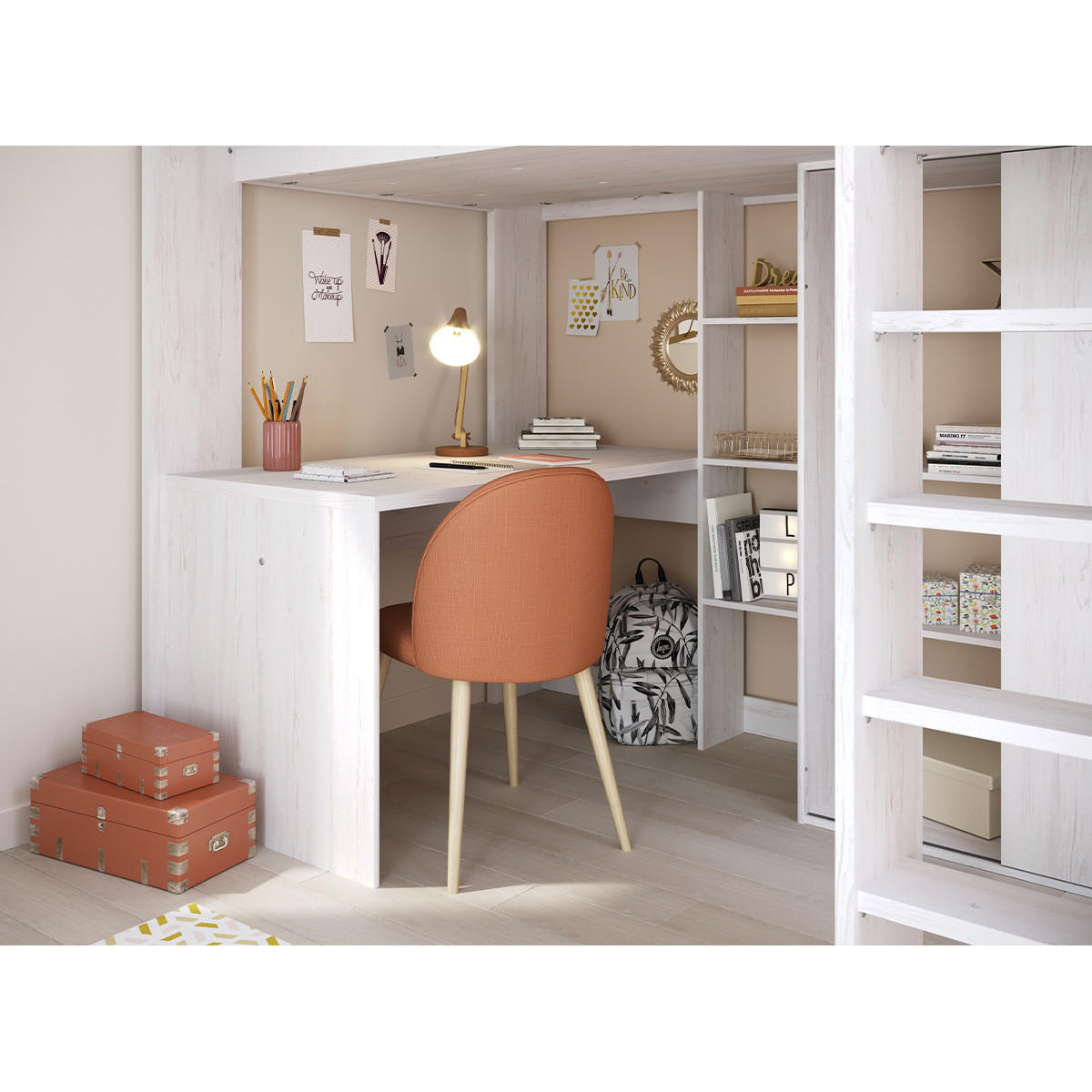 HOCHBETT Higher von Parisot Jugendbett 90 x 200 cm in Kiefer Hell komplett Set mit integriertem Schreibtisch und Kleiderschrank - Grau, Holzwerkstoff (90/200cm) - Calicosy