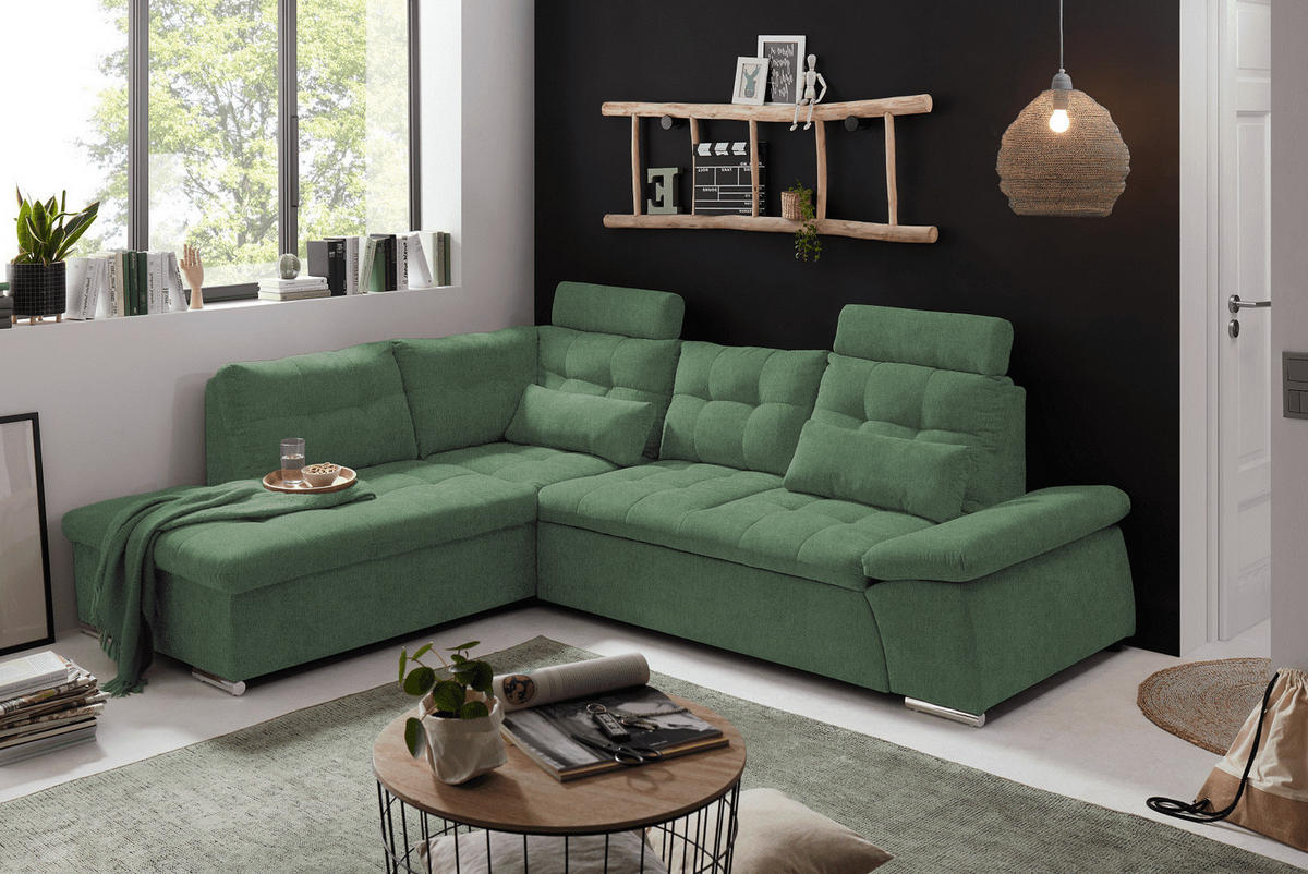 ECKSOFA mit Schlaffunktion, verstellbare Armlehne und Kopfstützen - Chromfarben/Grün, Textil (260/219cm) - ed exciting design