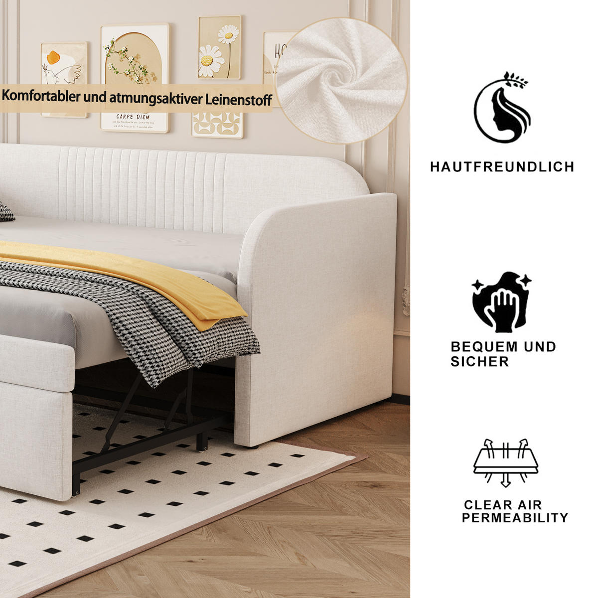 POLSTERBETT 90x190 Beige Leinen Ausziehbar Lattenrost - Beige, Textil (180/190cm) - FLIEKS
