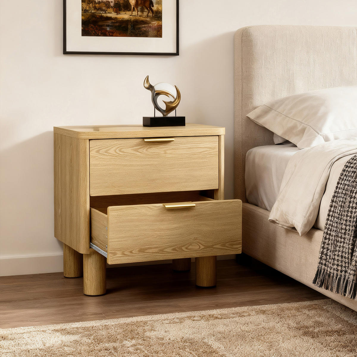 NACHTTISCH mit 2 Schubladen mit zylindrischen Beinen, Holz | B59 x T39 x H55 cm - Braun, Holzwerkstoff (59/55/39cm) - Hometopia