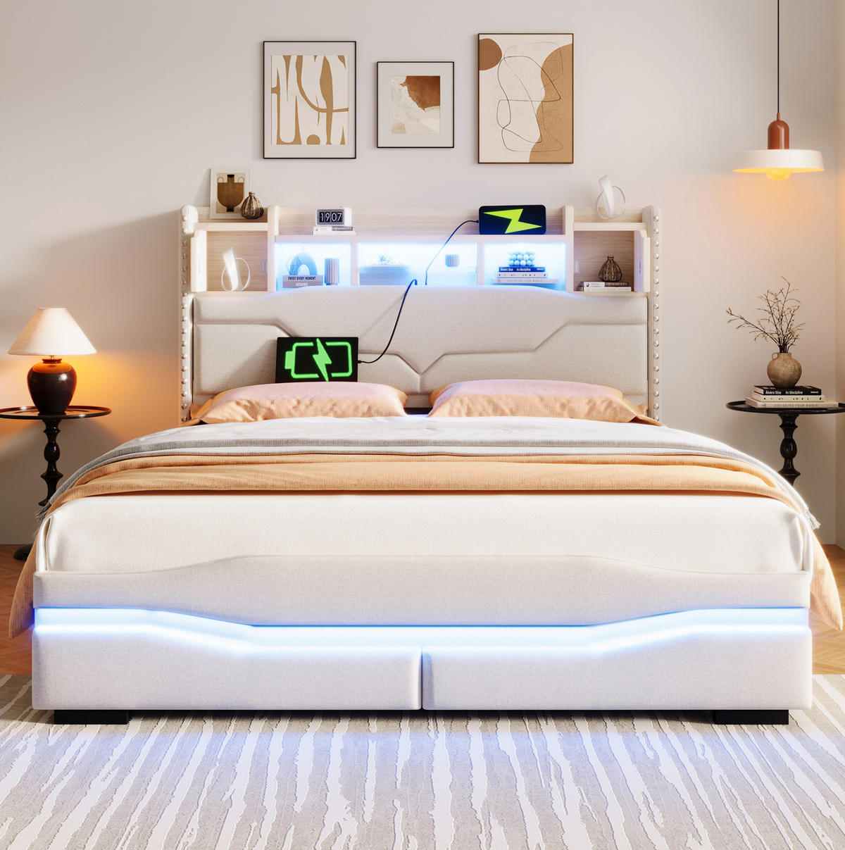 POLSTERBETT 140/200 cm Beige mit USB- und Type-C-Anschlüssen und LED-Beleuchtung - Beige, Textil (140/200cm) - OKWISH