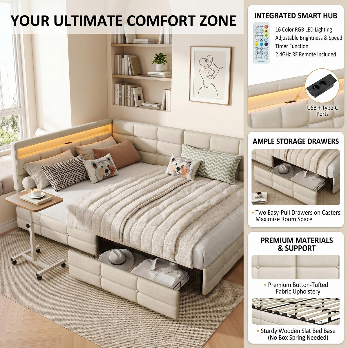 POLSTERBETT Reversibel 140/200 cm mit 2 Schubladen & RGB-LED Leinenoptik Beige - Beige, Textil (140/200cm) - Creahappy