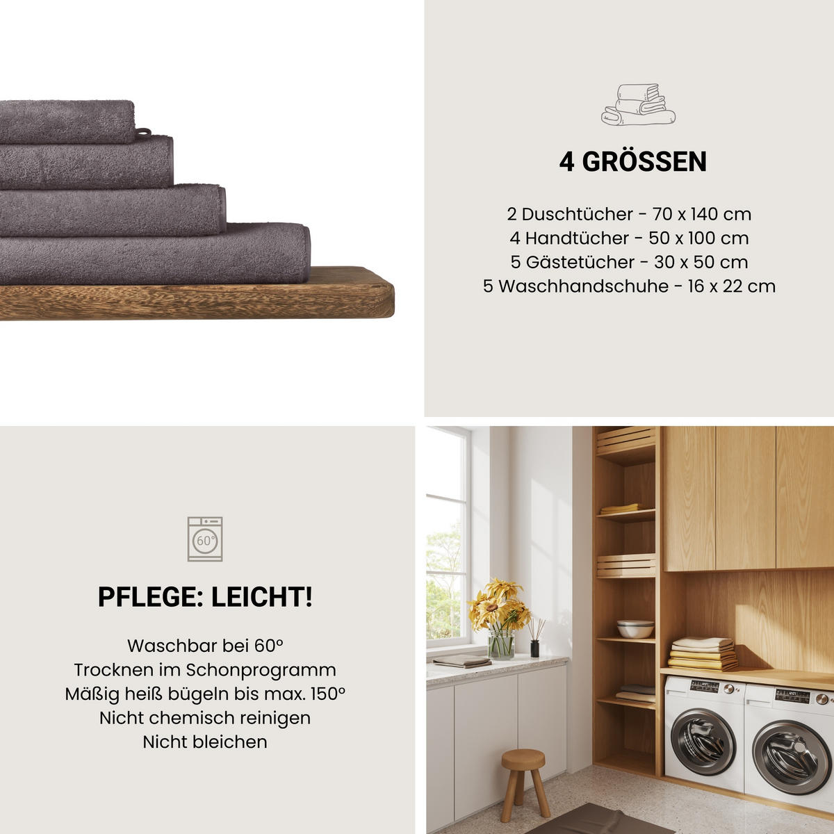 DUSCHTUCHSET Milano - 2-teilig - 70 x 140 cm - Dunkelgrau - Dunkelgrau, Textil (70/140cm) - SCHIESSER