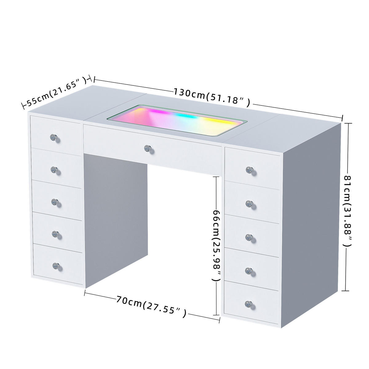 KONSOLENTISCH mit LED 11 Schubladen 130/55/81 CM - Weiß, Metall (55/130/81cm) - VANITII