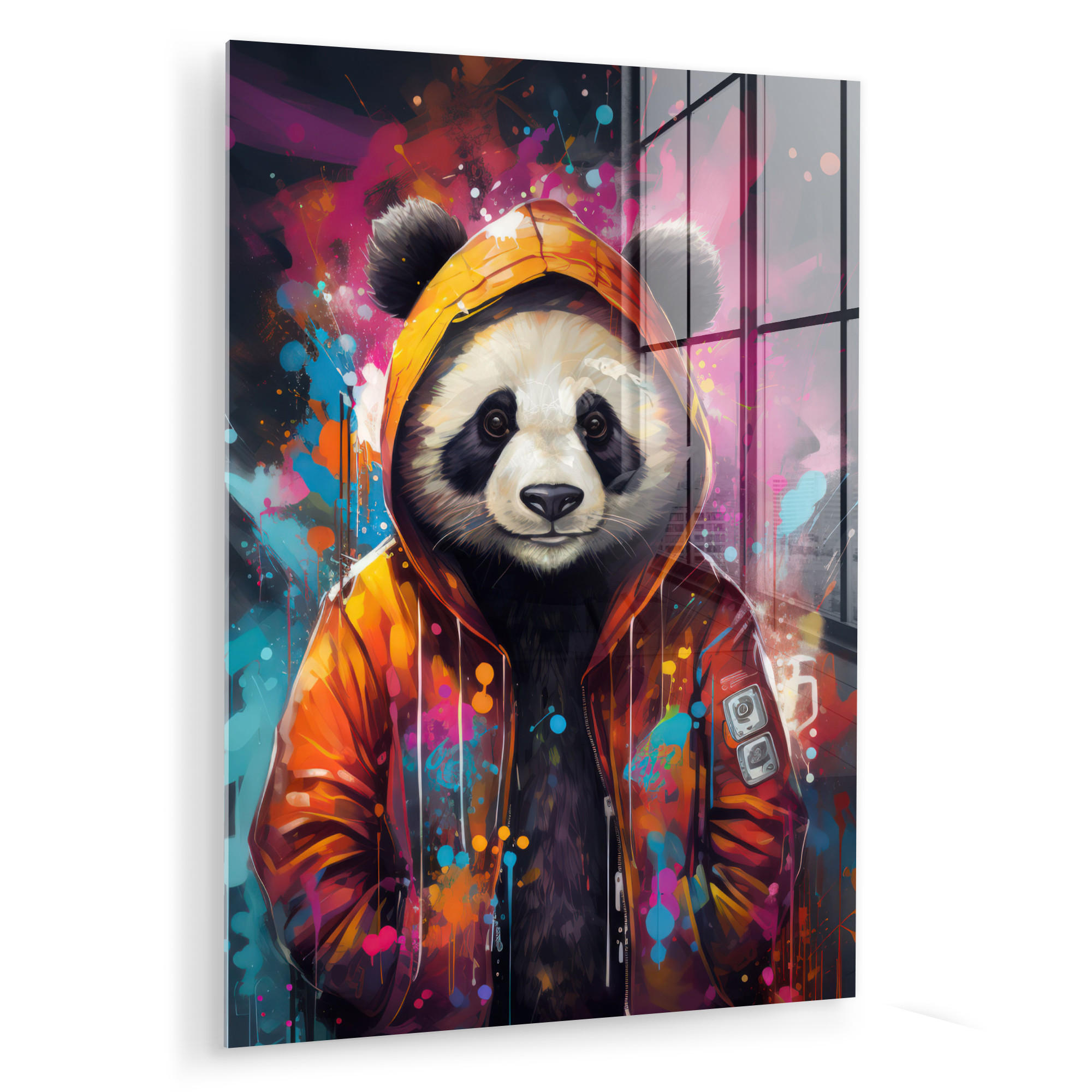 ACRYLGLASBILD Panda - Jacke - Graffiti - Orange 60x80 cm - Orange, Glas (60/80cm) - MuchoWow