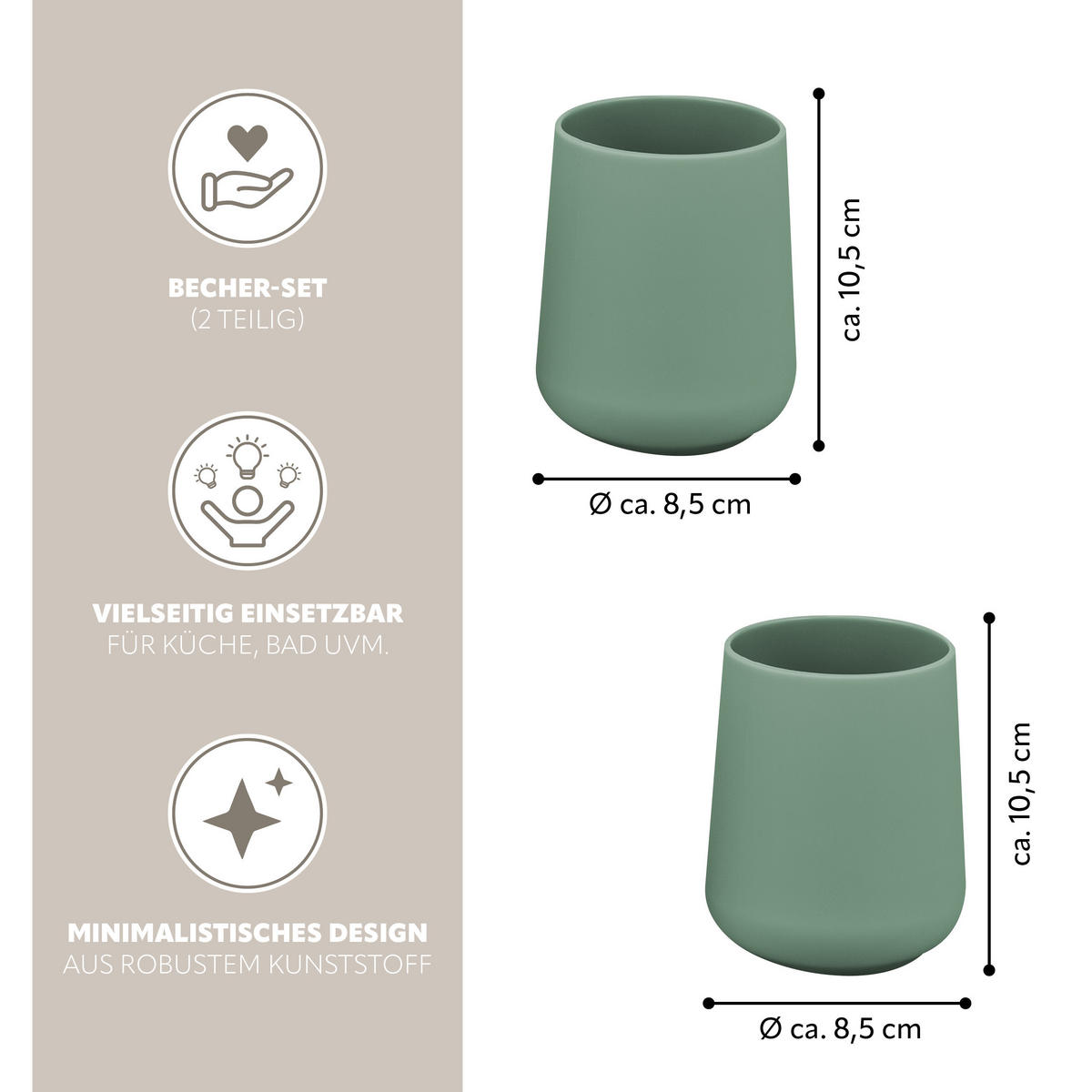 BECHER-SET TESERO 2tlg., Soft-Touch, grün - Grün, Kunststoff (8.5/10.5/8.5cm) - eluno