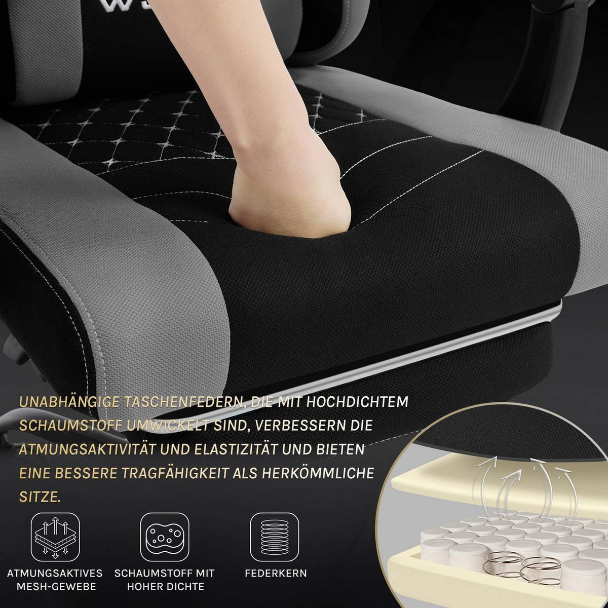 GAMINGSTUHL mit Massagefunktion, Netzstoff, Schwarz+Grau - Schwarz/Grau, Textil/Metall (70/127/70cm) - Woltu