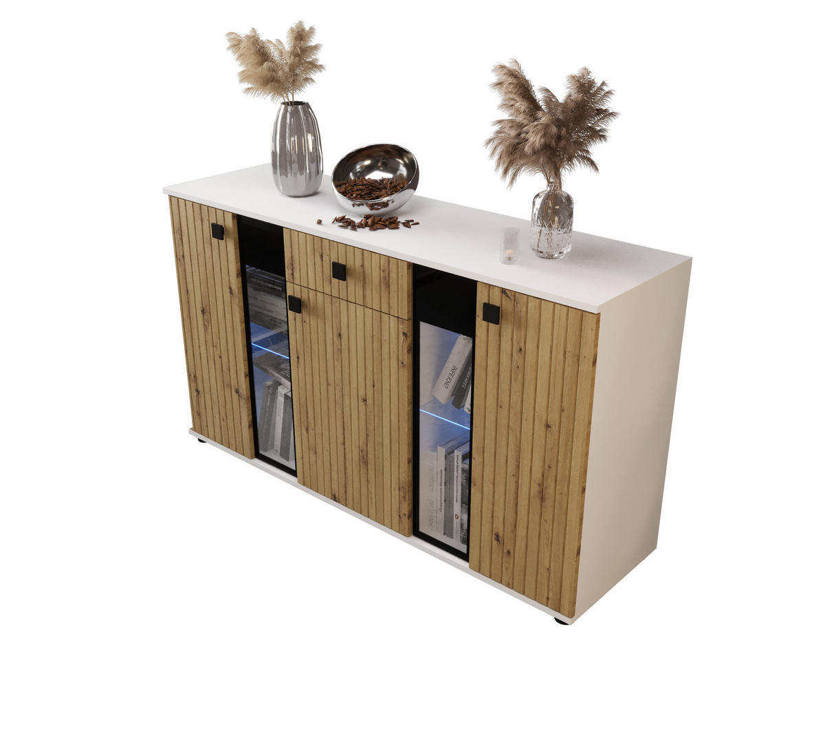 KOMMODE London LSMK LAMELE mit 3 Türen, Sideboard in Farbe: Braun|Weiß, Größe: 140 x 80 x 40 cm - Braun/Weiß, Holzwerkstoff (140/80/40cm) - O-Sofa
