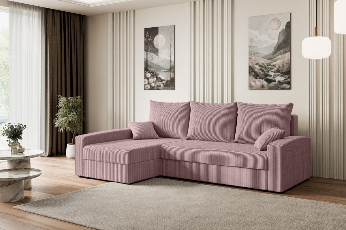 ECKSOFA mit Schlaffunktion und Bettkasten ALESIA-L 231x140x90 cm Rosa Cord - Silberfarben/Rosa, Holzwerkstoff/Kunststoff (231/140cm) - ALTDECOR