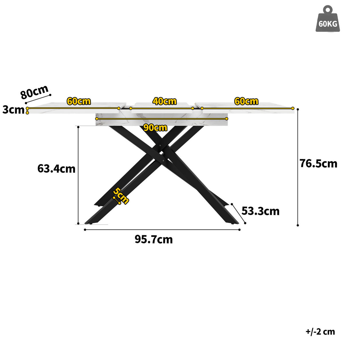 ESSTISCH, MDF in Marmoroptik mit Ausziehfunktion, 120-160/80/76,5 cm, Weiß/Schwarz - Weiß, Holzwerkstoff (120/80/76.5cm) - Redom