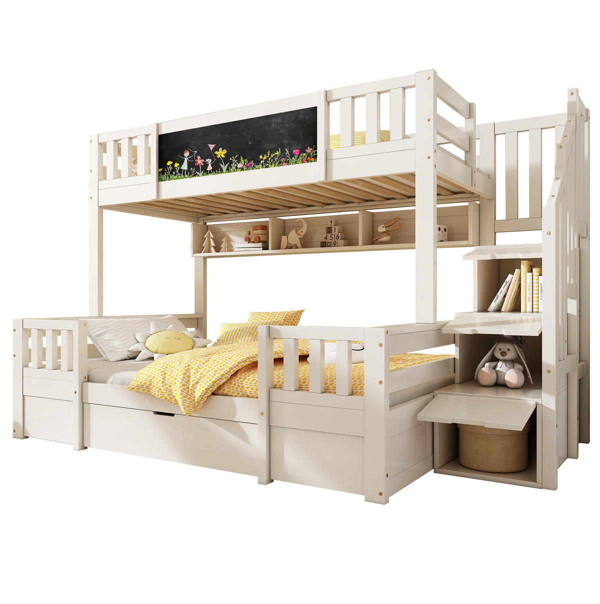 ETAGENBETT aus Massivholz und MDF 90x200 & 140x200 cm Weiß mit Stauraumleiter und Kreidetafel - Weiß, Holzwerkstoff (90/200cm) - IVMEU