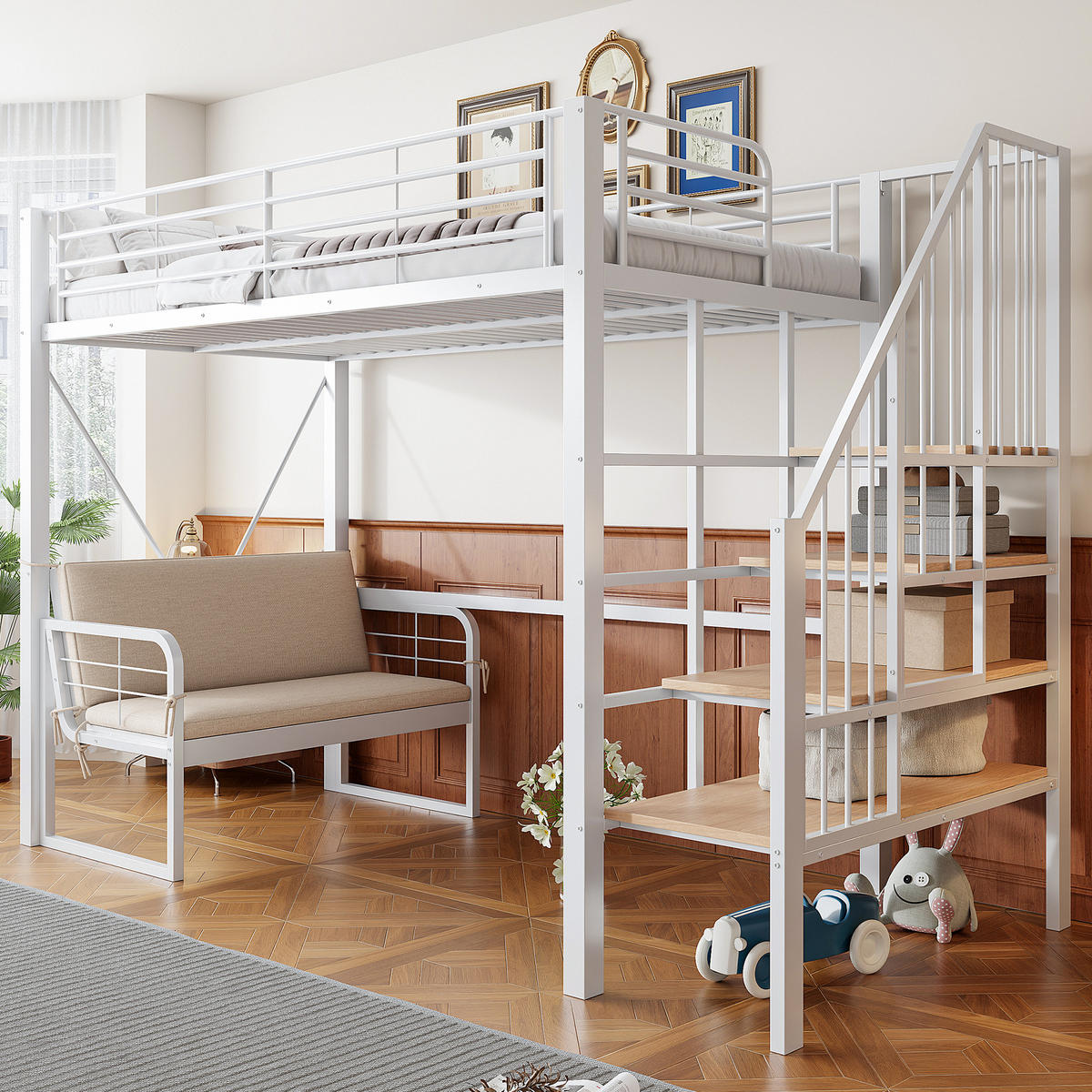ETAGENBETT 90/200 cm mit abnehmbarem Polstersofa, Stauraumtreppe und Metall-Rahmen, Weiß - Weiß, Holzwerkstoff (90/200cm) - Redom