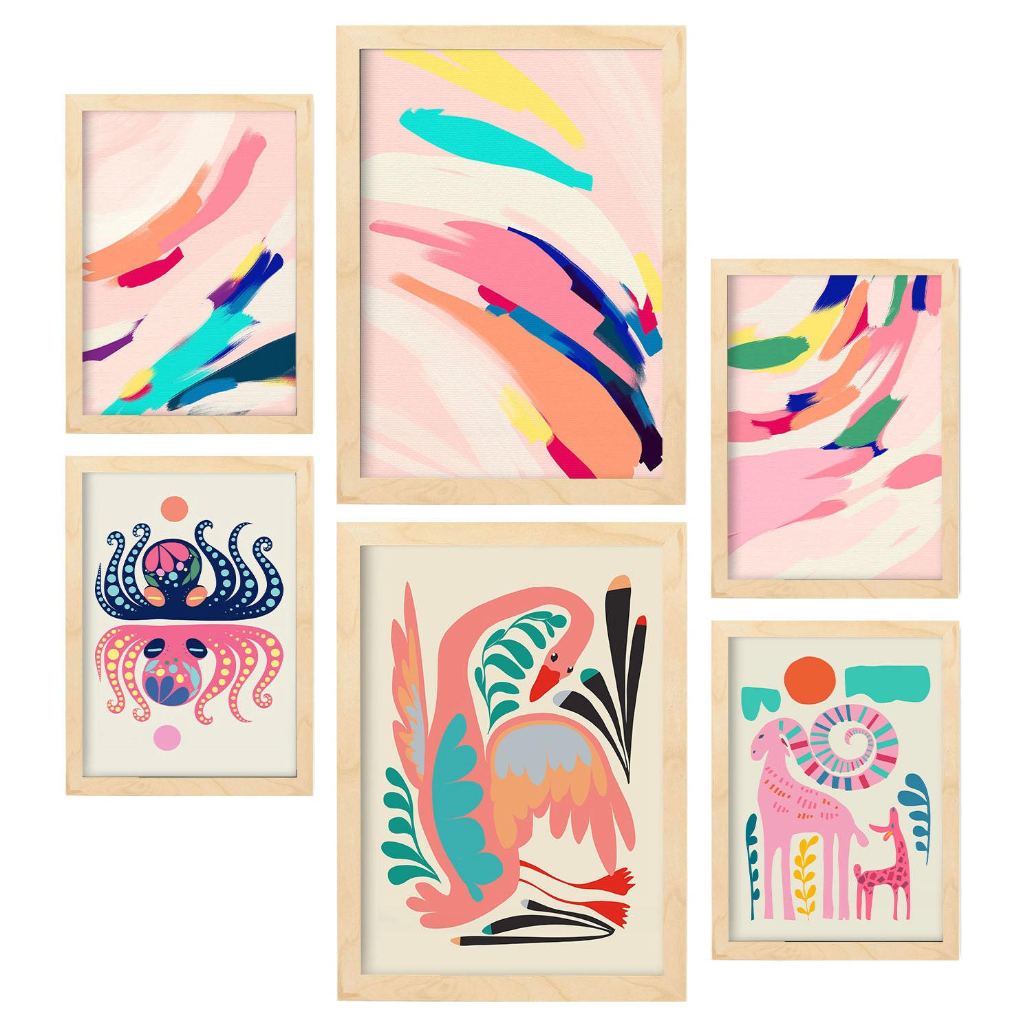 POSTER Set Mit 6 Prominente Kunst 1 In Tiere Zusammenfassungen A3 & A4 Rahmen Aus Hellem Holz - Beige, Papier (29/3cm) - Nacnic