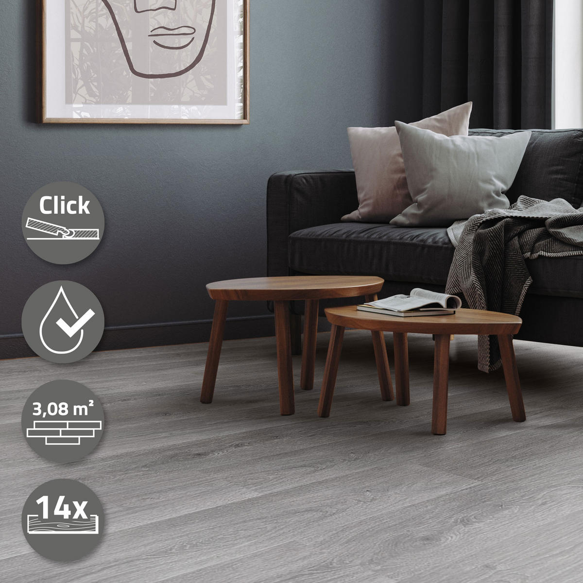 VINYLBODEN Click 3,08m²/14 Dielen Windswell Hickory Eiche - Grau, Kunststoff (122/18/0.42cm) - ML-DESIGN
