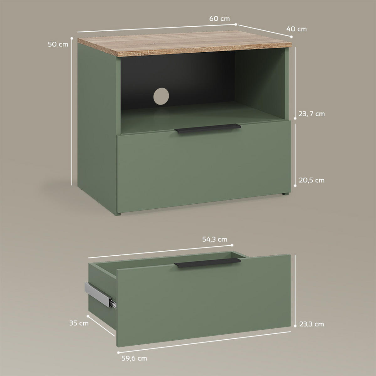 LOWBOARD Piave Grün 60 x 50 cm mit Schublade - Grün, Holzwerkstoff (60/50/40cm) - Livinity®