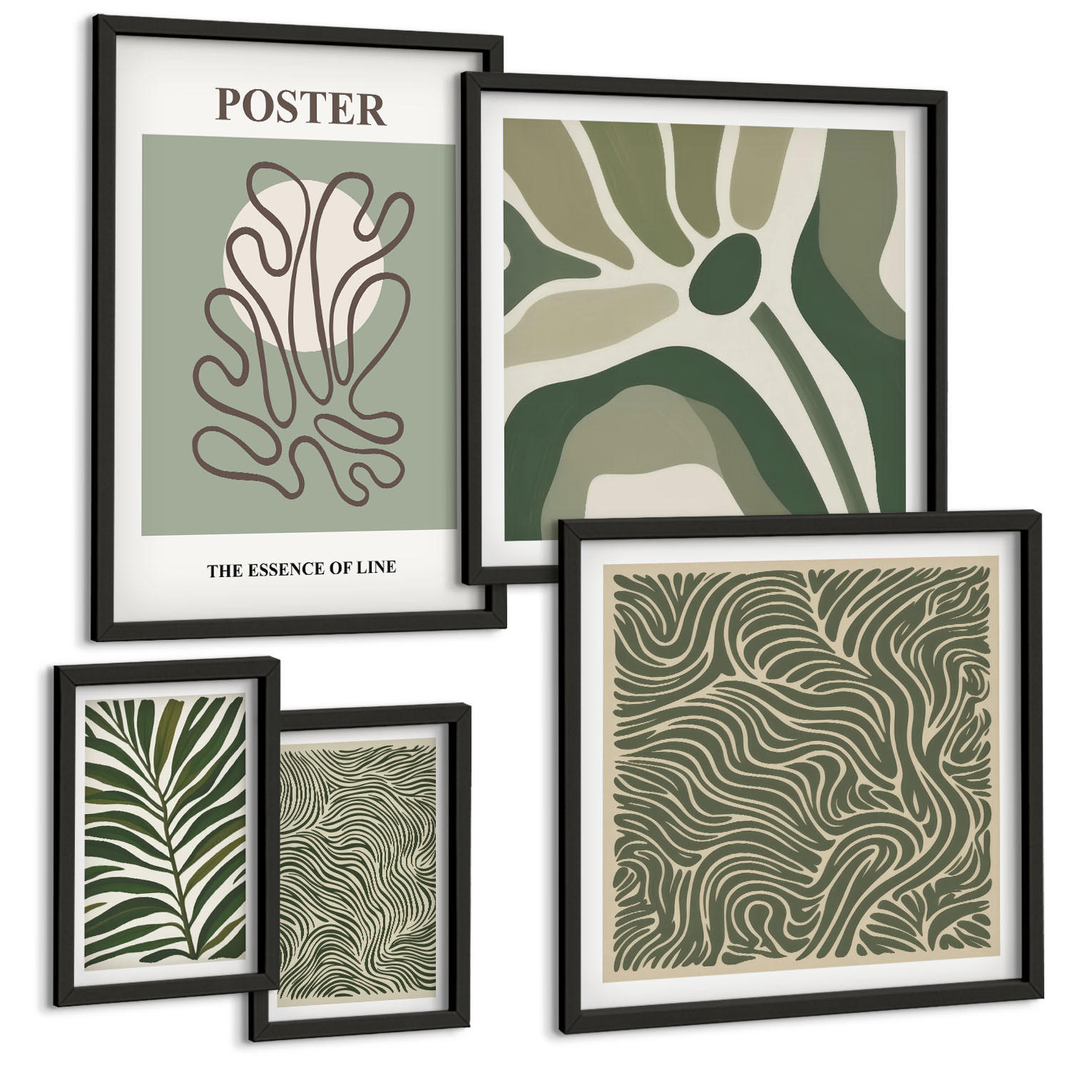 BILDER SET 5er Set - 50x50 cm & 20x30 cm & 40x60 cm Schwarzer Rahmen - Blattmuster und wellenförmige Formen - Schwarz, Kunststoff (40/60cm) - TULUP