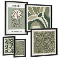 BILDER SET 5er Set - 50x50 cm & 20x30 cm & 40x60 cm Schwarzer Rahmen - Blattmuster und wellenförmige Formen - Schwarz, Kunststoff (40/60cm) - TULUP