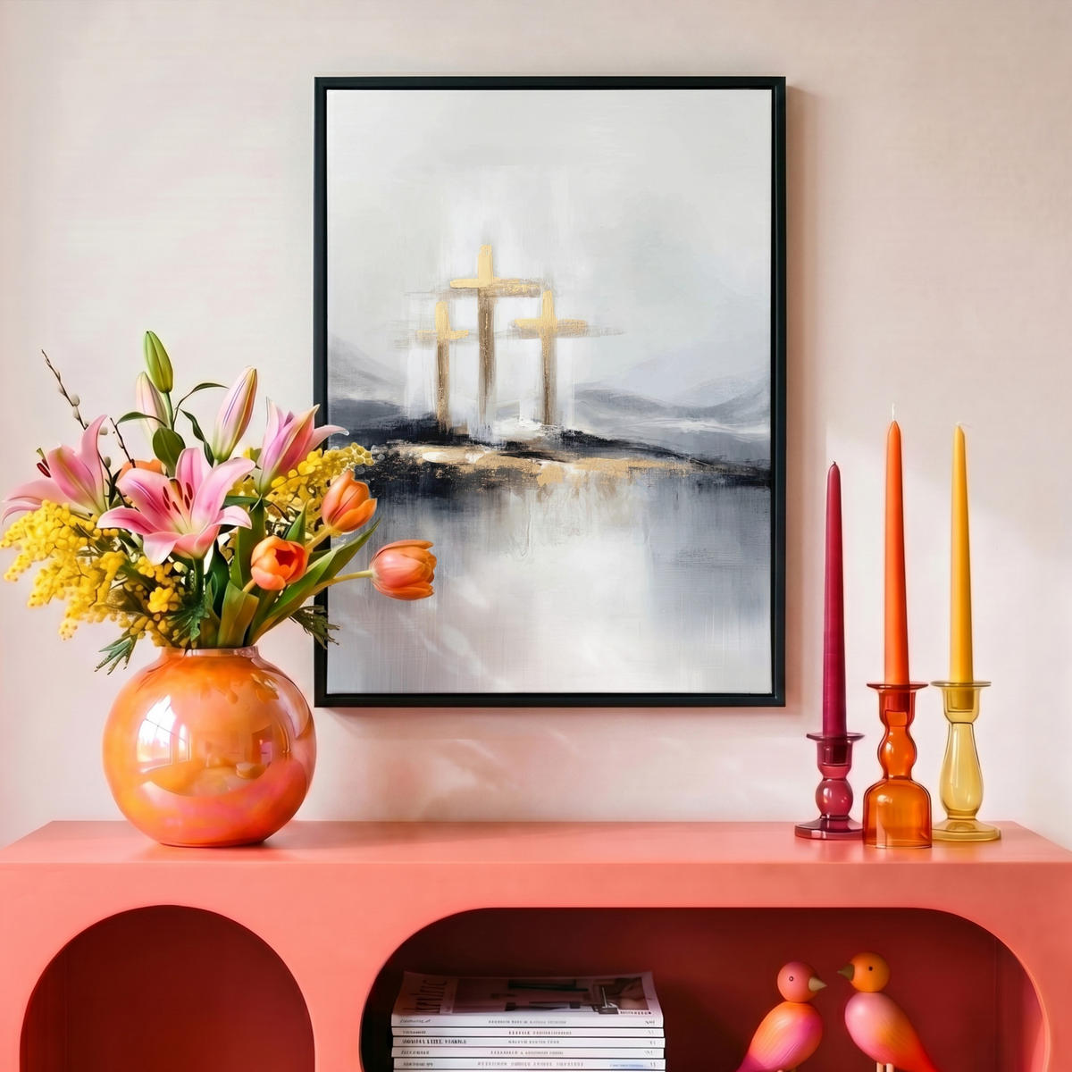 LEINWAND Bilder mit Rahmen - Abstrakt - Malerei - Christentum - Kreuz - 30x40 - Weiß, Textil (30/40cm) - MuchoWow