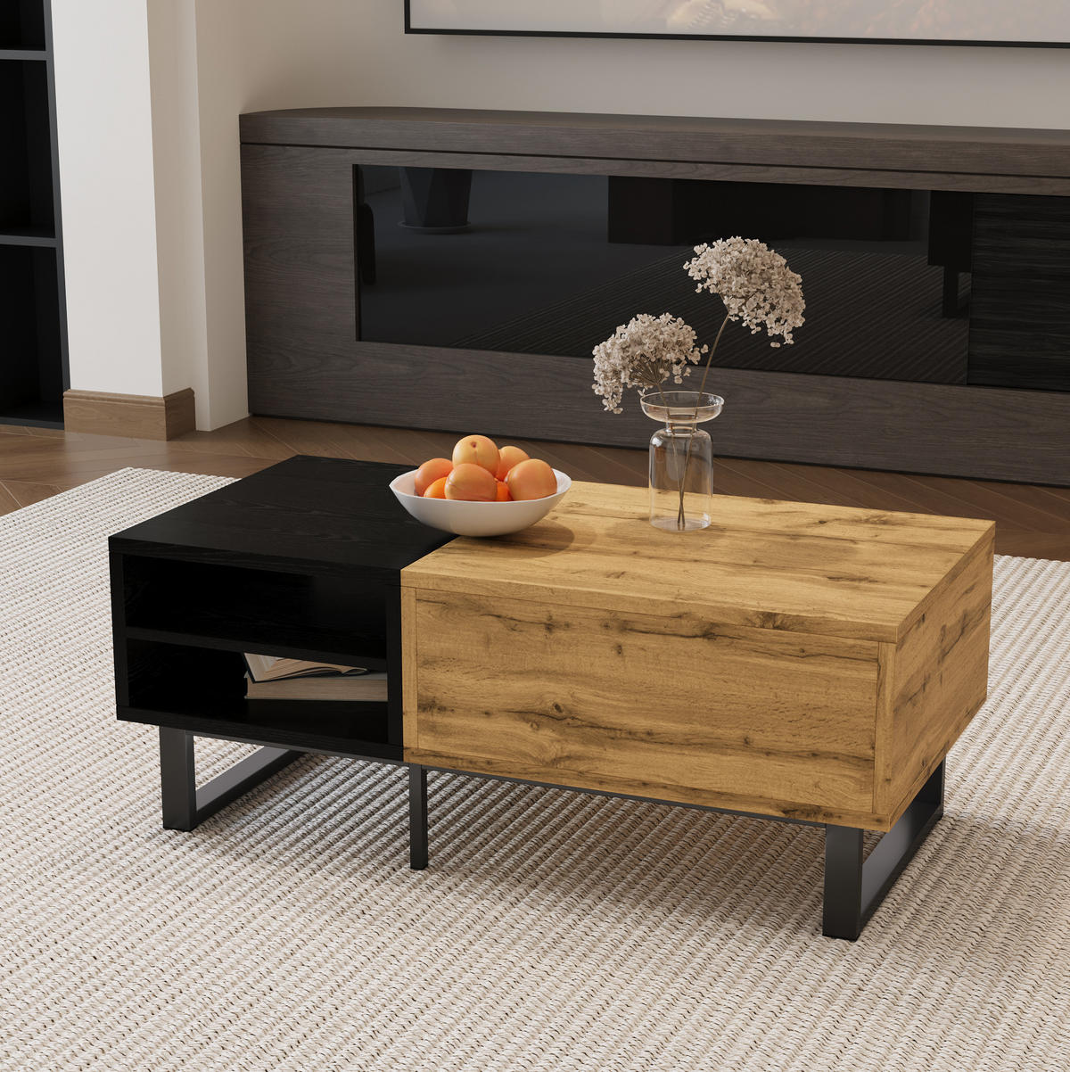 COUCHTISCH 100/50/40 cm Natur/Schwarz aus Spanplatte mit Fächern und Schublade - Naturfarben, Holzwerkstoff (100/50/40cm) - OKMYHOME