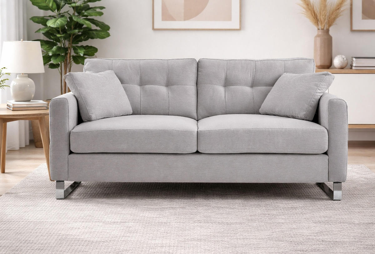 SOFA hellgrau Flachgewebe 2-Sitzer 175 cm, Couch mit Steppoptik - Chromfarben/Hellgrau, Holz/Textil (175/92/94cm) - Inn.Furn