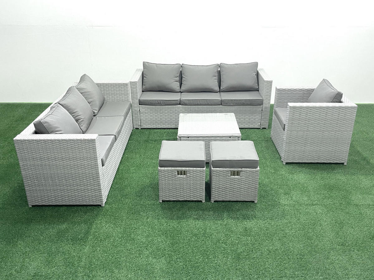 GARTENMÖBEL-SET mit Kissen Polyrattan Hellgrau-Mix 9-Sitzer - Hellgrau/Grau, Glas/Kunststoff - Fimous