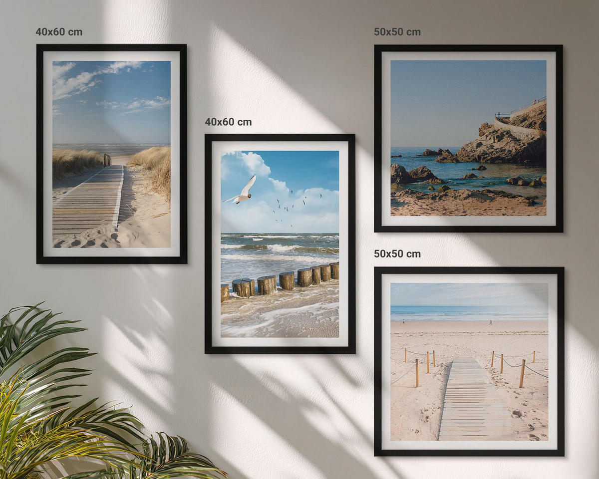 BILDER SET 4er Set - 50x50 cm & 40x60 cm Schwarzer Rahmen - Strand, Sand, Wellen, Himmel, Vögel - Schwarz, Kunststoff (50/50cm) - TULUP
