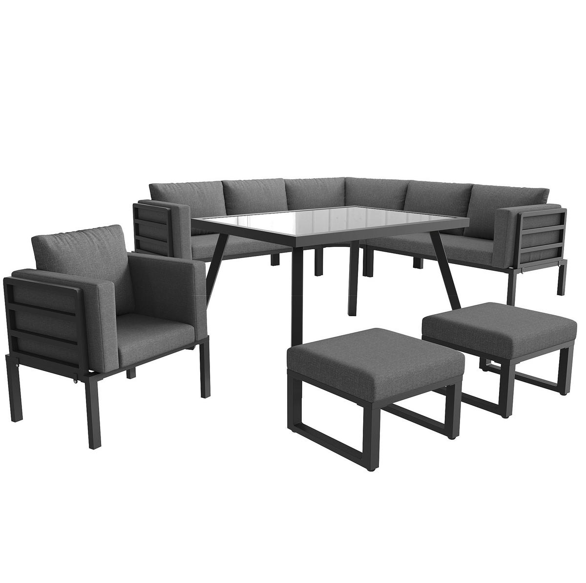 GARTENLOUNGE-SET mit Stahlrahmen & Glastisch, 3 Sofas, Sessel, 2 Hocker, 114/60/77 cm, Grau - Grau, Metall - Redom