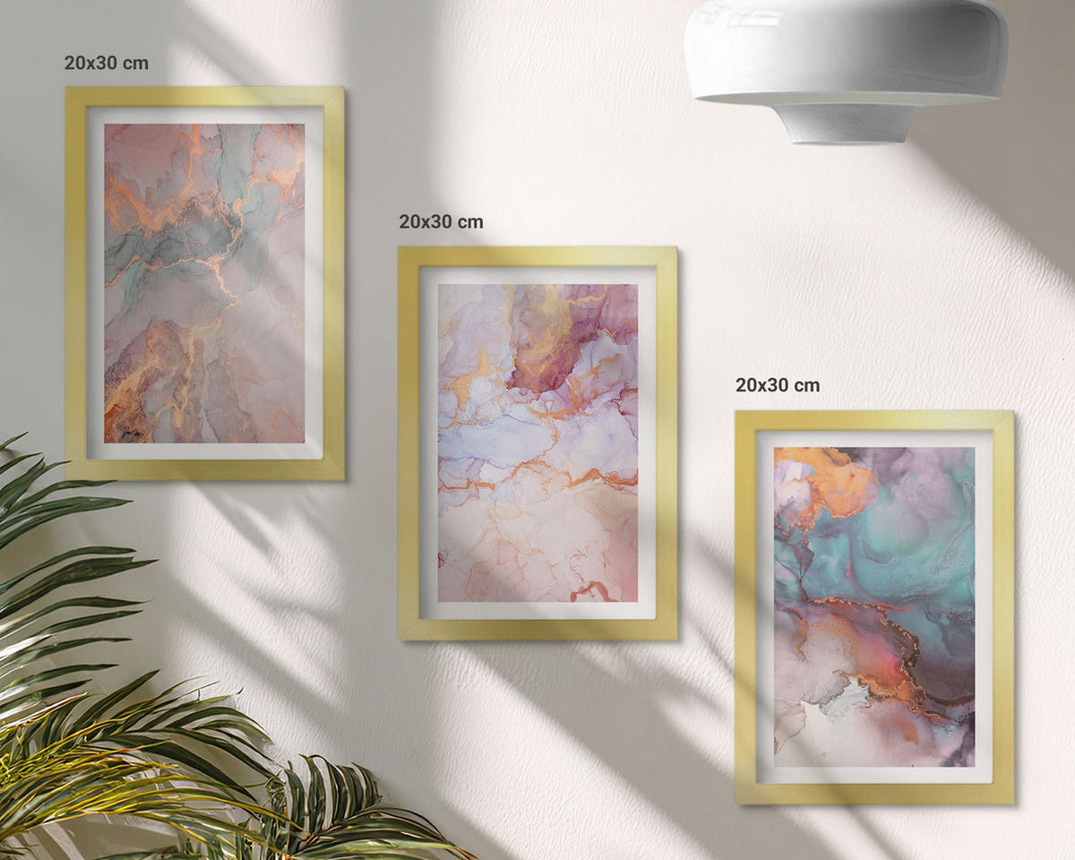 WANDBILDER 3er Set - 20x30 cm Goldrahmen - Abstrakte Pastellmuster - Goldfarben, Kunststoff (20/30cm) - ArtPrintCave